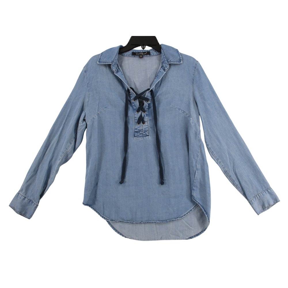 Velvet Heart Womens Blue Chambray Lace Up Long Sleeve Blouse Top Size Medium